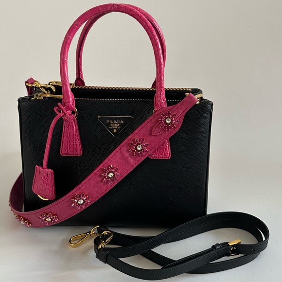AUTH PRADA Vitello Black & Pink Saffiano Leather Crocodile Double Zip Small Tote - Picture 2 of 15